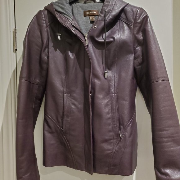Danier leather eggplant purple moto jacket with hoody and lining. - Picture 4 of 5
